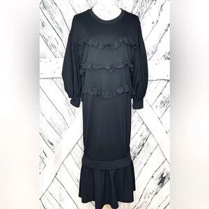 NWT Kosmios Dress Midi Ruffles Puffy Sleeves Black Oversized Small